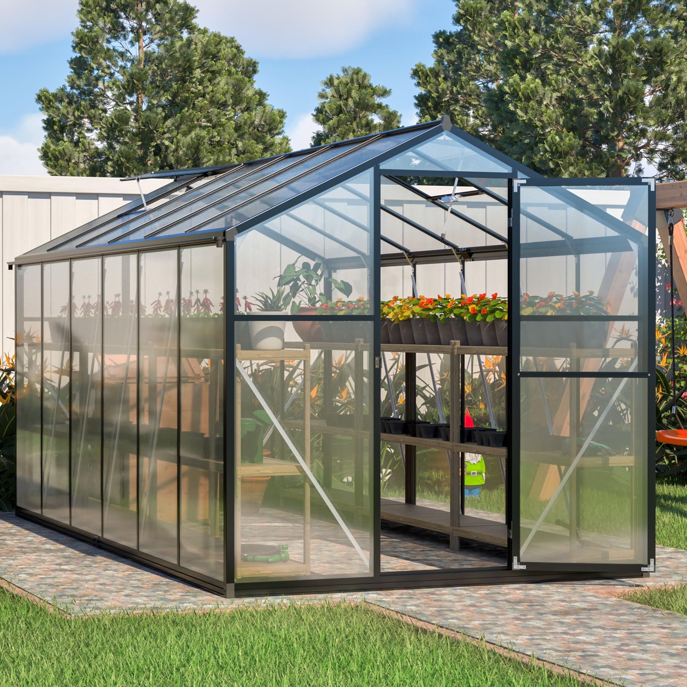 LZBEITEM 6x12 ft Greenhouse for Outdoors with Lockable Hinged Door 2 Vent Window, Quick Setup Polycarbonate Sunroom, Walk-in Large Winter Aluminum Frame Greenhouse for Backyard, Black