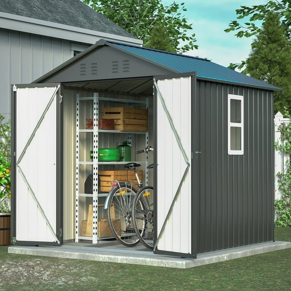 LZBEITEM 6x6 ft Metal Outdoor Storage Shed with Window, Lockable Tool Storage Shed, Steel Garden Sheds with Gable Roof for Backyard, Patio, Garage, Lawn, Black