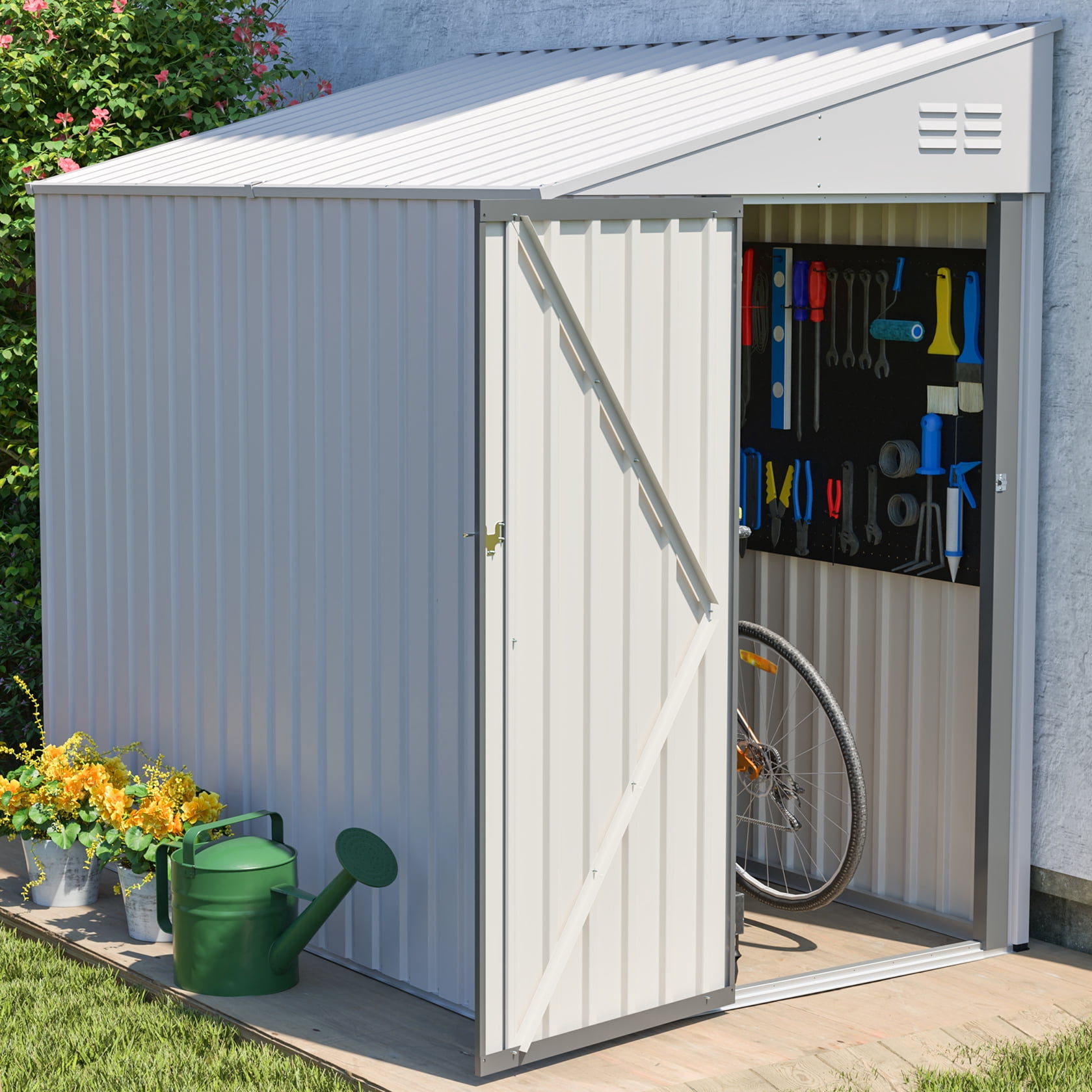 LZBEITEM 7 x 4 ft Outdoor Metal Storage Shed Lean to, Small Metal Wall Side Door Sheds & Garden Tool Shed for Garden, Backyard, White