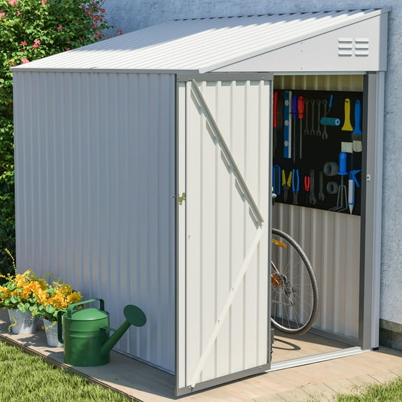 LZBEITEM 7 x 4 ft Outdoor Metal Storage Shed Lean to, Small Metal Wall Side Door Sheds & Garden Tool Shed for Garden, Backyard, White