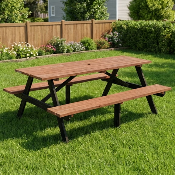 LZBEITEM 75" Durable Wooden Picnic Table for Outdoor Gatherings - Weather-Resistant, 8-Seater with Umbrella Hole