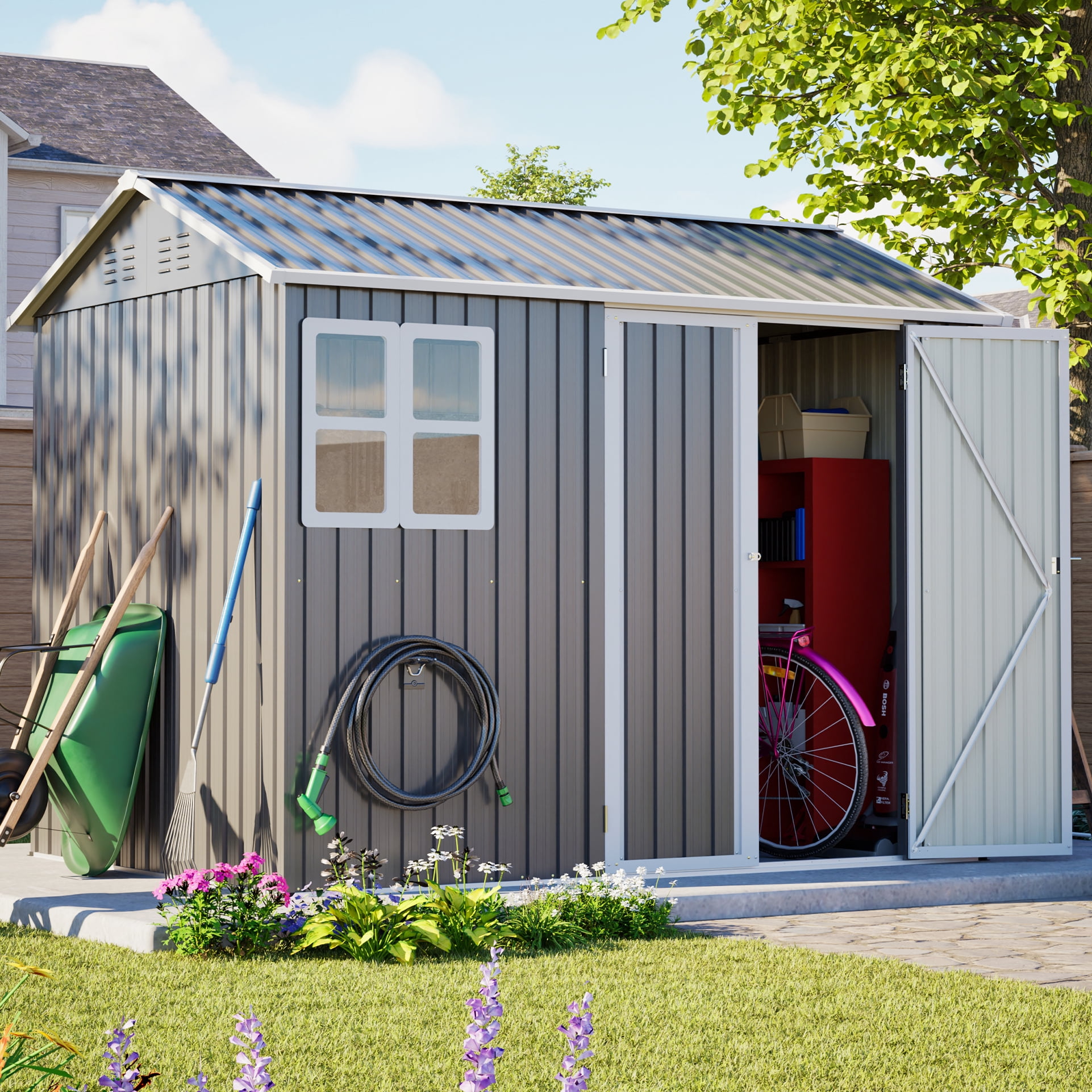 LZBEITEM 8' x 6' Outdoor Storage Shed with Window & Lockable Doors, Metal Garden Tool Shed with 4 Air Vents & Ground Nails, Waterproof Backyard Storage House for Patio Lawn, Gray