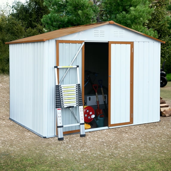 LZBEITEM 8 x 6 ft. Outdoor Storage Shed with Galvanized Floor Frame,Galvanized Steel Garden Shed,Outdoor Storage Shed Garden Tool Shed with Double Lockable Doors for Backyard Patio Lawn