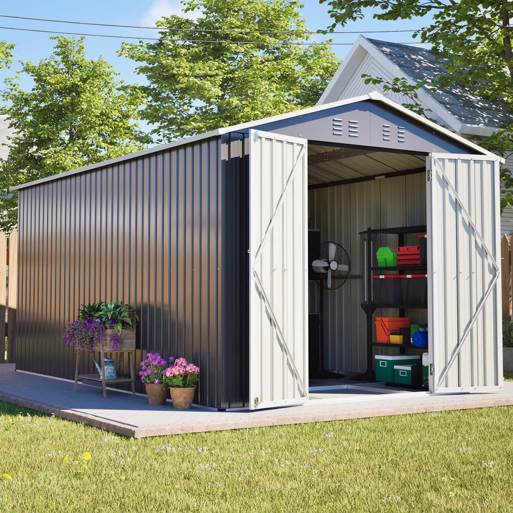 LZBEITEM 8'x12' Outdoor Metal Storage Shed with Floor Frame, Galvanized Steel Garden Shed, Metal Garden Tool Shed with Double Lockable Doors for Backyard Patio Lawn, Gray