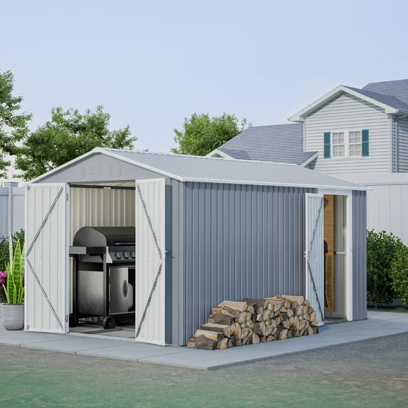 LZBEITEM 8'x12' Outdoor Metal Storage Shed with Floor Frame, Galvanized Steel Garden Shed, Metal Garden Tool Shed with Double Lockable Doors for Backyard Patio Lawn, Gray
