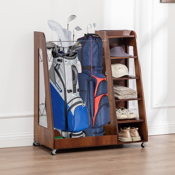 LZBEITEM Golf Bag Organizer Rack with Wheels - Dual Bag Storage Stand for Garage, Clubs, and Home, Brown