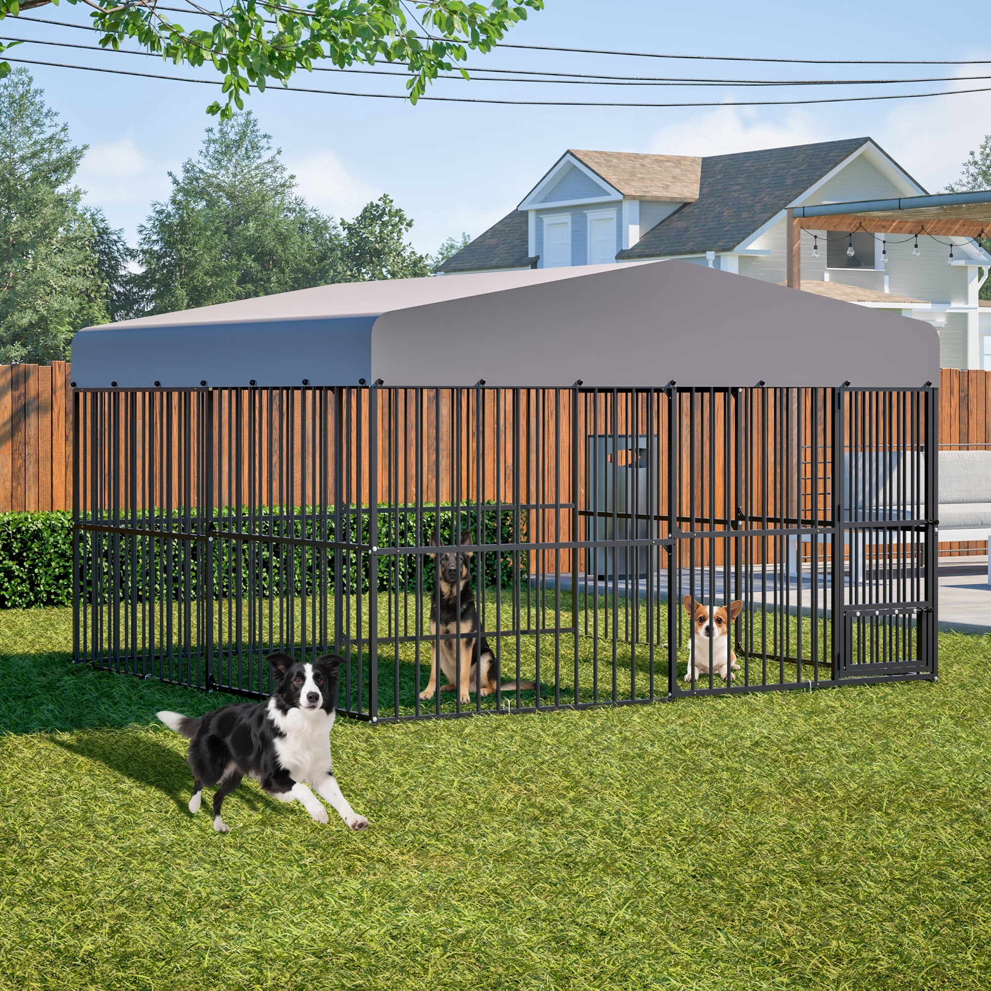 LZBEITEM Heavy Duty Outdoor Dog Kennel Playpen Large Cage Fence with Waterproof Roof Cover & Sturdy Galvanized Metal Frame