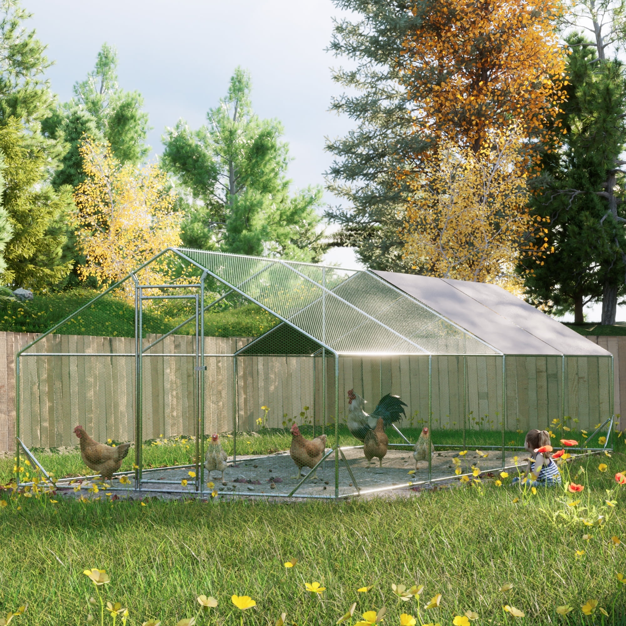 Walmart discount codes: LZBEITEM Large Metal Chicken Coops, Outdoor Duck Walk-in Run Poultry Cage, Hen House Yard Habitat Cage with Waterproof Cover Spire Shaped Coop, 26' L x 10' W x 6.56' H, Silver
