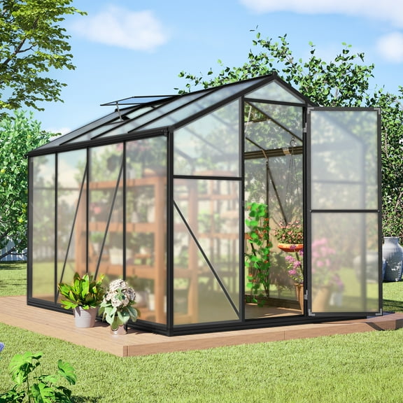 LZBEITEM Outdoor 6'x8' Wall-in Greenhouse Polycarbonate Aluminum Plant Patio Grow House Garden Shed Kit, Black