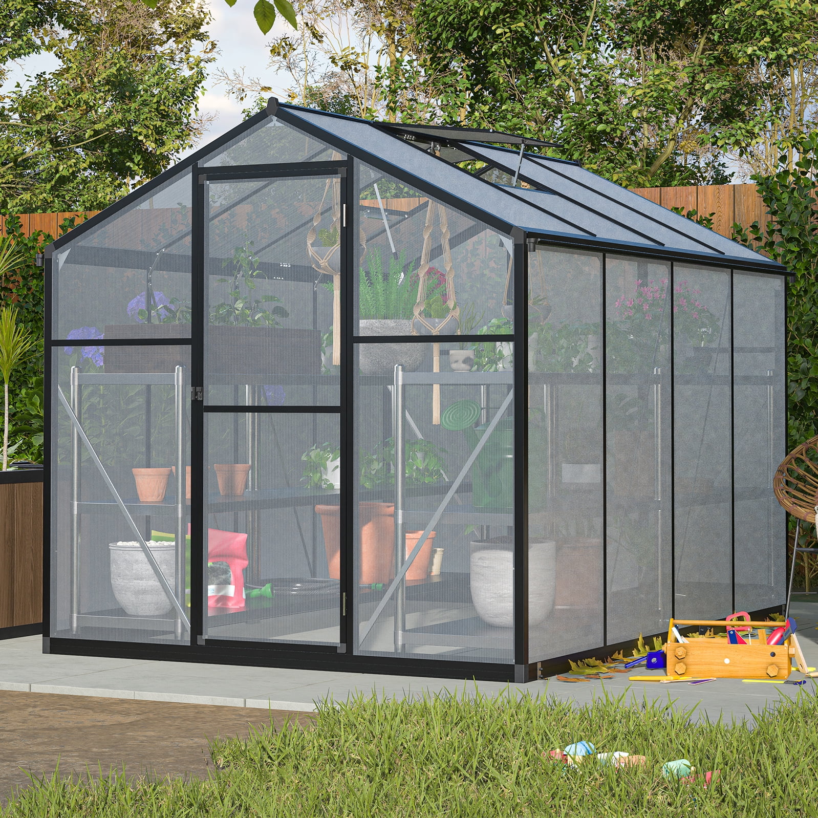 Black 6' x 8' Polycarbonate Aluminum Outdoor Greenhouse
