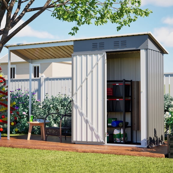 LZBEITEM 5x3 ft Metal Storage Shed with Hardtop Pergola, 10x3 ft 2-in-1 Outdoor Tool Shed & Bike Shelter, Open-Sided Sheds for Backyard Garden