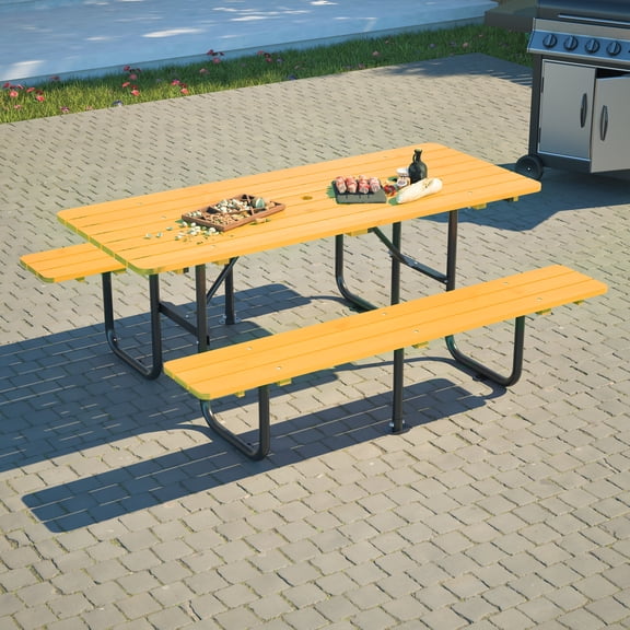 LZBEITEM Outdoor Picnic Table and Bench Set - Spacious and Durable for Backyard, Park, and Patio Gatherings - Yellow