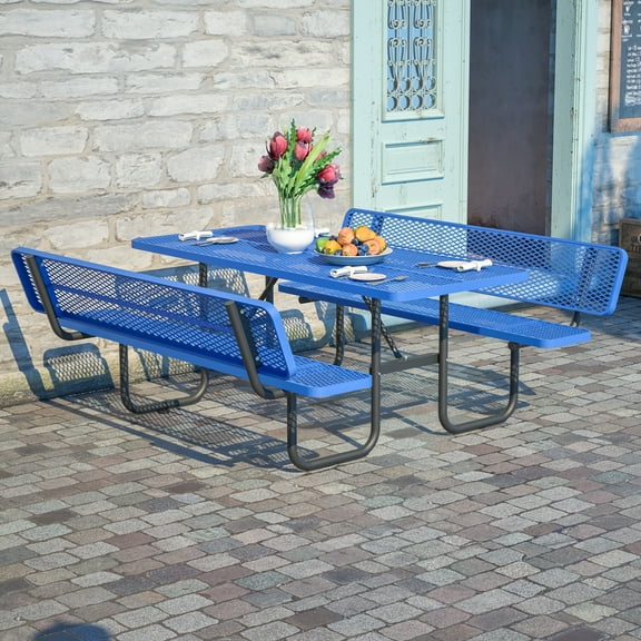 LZBEITEM Rectangular Metal Picnic Tables for Outdoors with Umbrella Hole, Coated Steel Heavy Duty Commercial Grade Table, Patio Furniture Set for a Lifetime, 72''Long, Blue