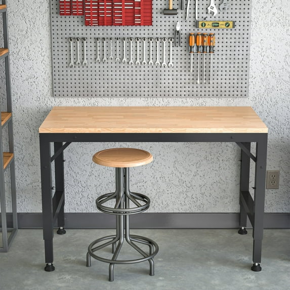 LZBEITEM Workbench for Garage 48 Inch, Work Bench Table Adjustable Height 28.74" to 39.37", Rubberwood Tabletop Work Table for Woodworking Shop Home Office Electronic Cutting Wood