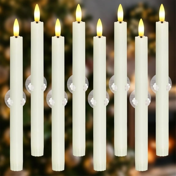 LZCKDPX 8pcs 0.78" x10" Plastic LED Ivory Flameless Window Candles with Sensors from Dusk to Dawn, Battery Operated Flickering Taper Warm Glow for Festival Decoration with Suction Cups