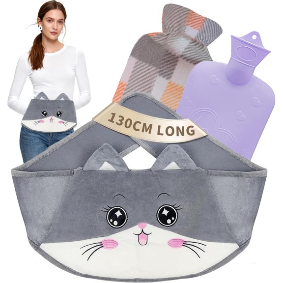 LZCKDPX Hot Water Bottle wtih Cover, Hot Water Bag, 1L Rubber Warm Hot Water Bottles Pouch with 130cm Long Soft Waist Cover for Neck, Shoulder, Back, Hand, Legs and Period Pain Relief
