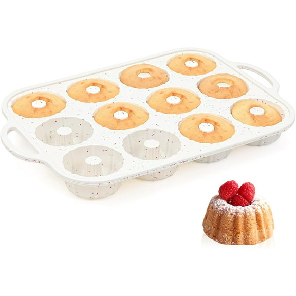 LZCKDPX Silicone Mini Fluted Tube Cake Pans with Metal Reinforced Frame, 12-Cavity Mini Flan Molds, Non-stick Silicone Baking Mold,White,1 Pc