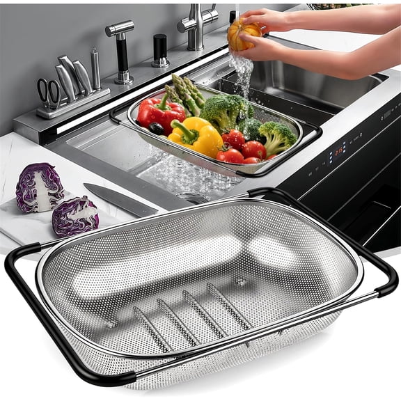 LZCKDPX Over the Sink Colander Strainer Basket 6 Quart, Fine Mesh Stainless Steel Colander with Expandable Anti-slip Rubber Grip Handles, Kitchen Sink Vegetable Strainer for Drain Pasta, Rinse Fruits