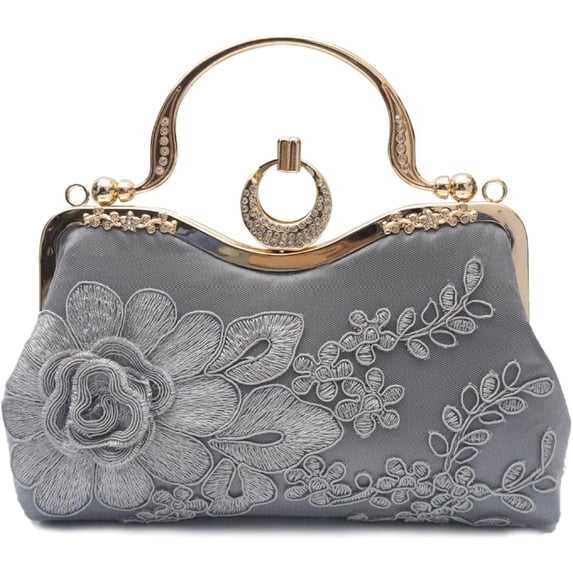 LZCKDPX Women Evening Bag Floral Embroidery Clutch Bag Vintage Handbag Bridal Wedding Purse Elegant Shoulder Bag,Dark Grey,bag