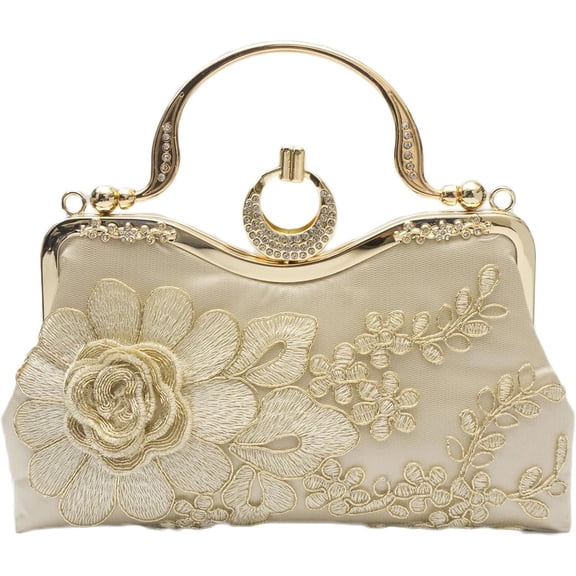 LZCKDPX Women Evening Bag Floral Embroidery Clutch Bag Vintage Handbag Bridal Wedding Purse Elegant Shoulder Bag,Gold,bag