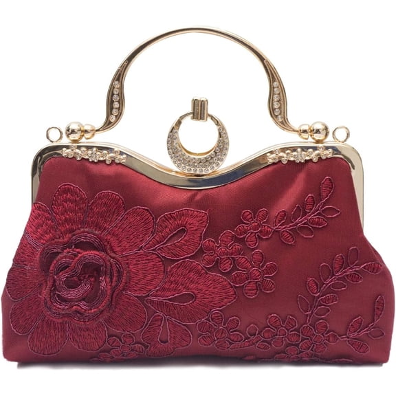 LZCKDPX Women Evening Bag Floral Embroidery Clutch Bag Vintage Handbag Bridal Wedding Purse Elegant Shoulder Bag,Wine Red,bag