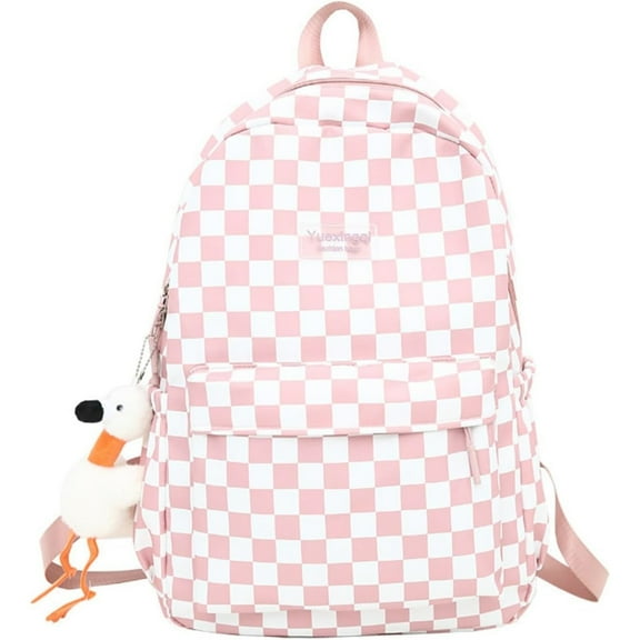 LZCKDPX Y2K Aesthetic Checkered Backpack with Kawaii Pendant Checkerboard Backpack Cute Preppy Laptop Backpack Light Rucksack,Pink,1