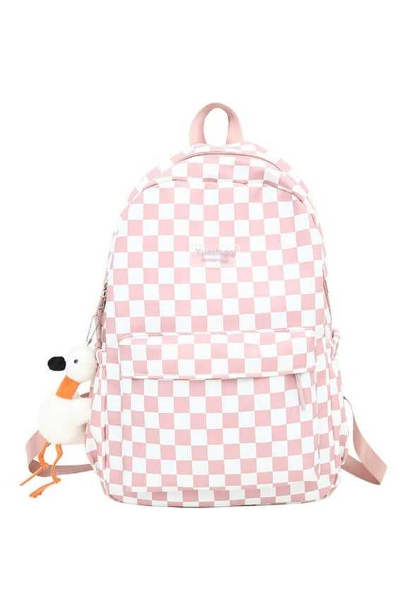 Y2K Aesthetic Checkered Backpack with Kawaii Pendant Checkerboard Backpack Cute Preppy Laptop Backpack Light Rucksack,Pink,1