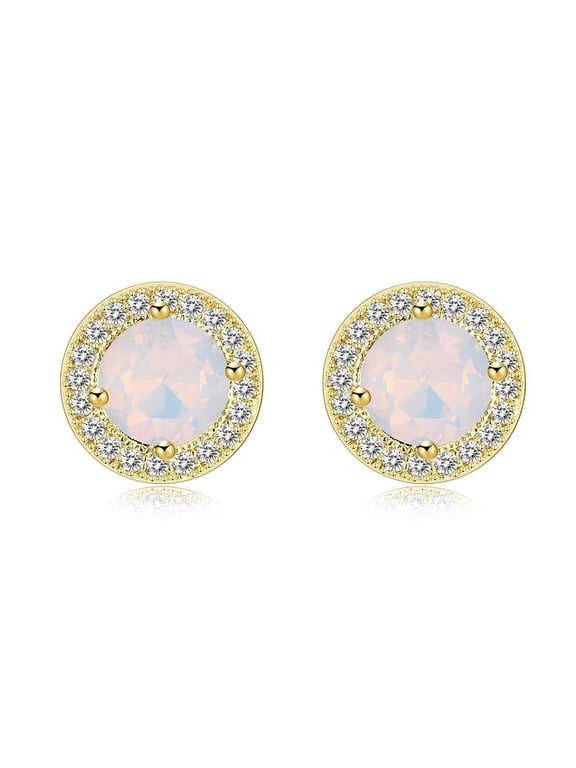Silver Plated Opal Halo Cubic Zirconia Stud Earrings Push Back Textured L478