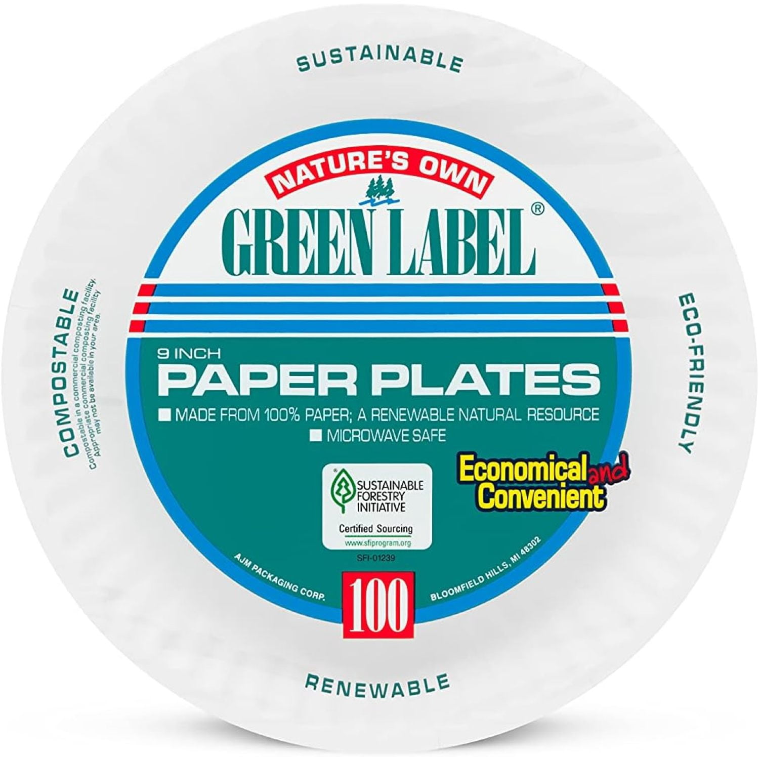 LZHF PP9GREWH 9" White Paper Plates Green Label (10 Packs of 100)