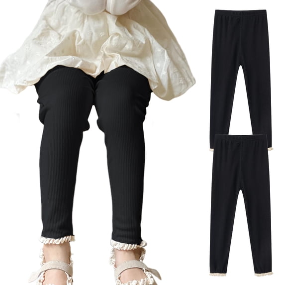 LZHGirlshop 2 Pack Baby Girl Pants Toddler Solid Color High Waisted Stretch Newborn Cotton Leggings Infant with Lace Trim Jogger Pants,2PC Black,5T