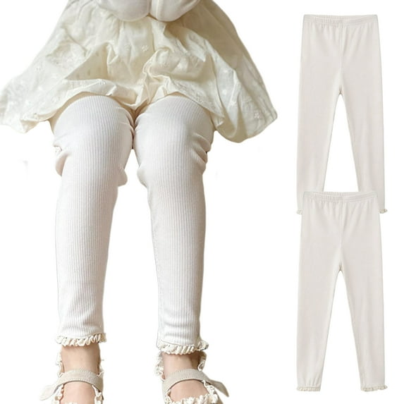 LZHGirlshop 2 Pack Baby Girl Pants Toddler Solid Color High Waisted Stretch Newborn Cotton Leggings Infant with Lace Trim Jogger Pants,2PC White,6-7T