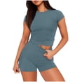 thumbnail image 1 of LZHGirlshop 2 Piece Sets for Women Casual Spring and Summer Slim Outfits Short Sleevele Round Neck Blouses Tops Elastic Waist Shorts Solid Color Sets, 1 of 8