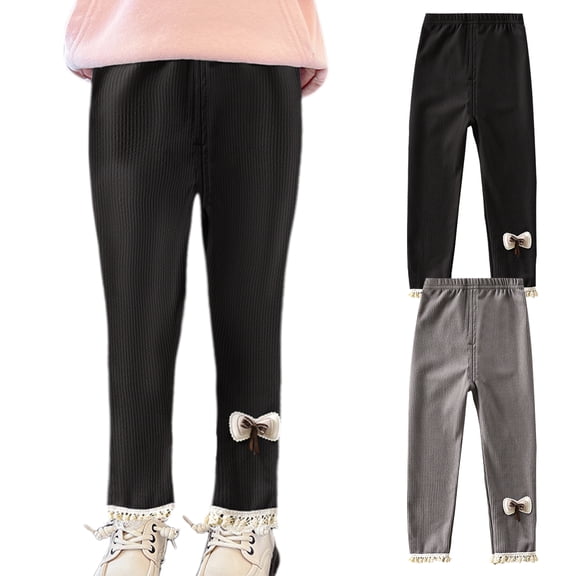 LZHGirlshop 2PC Toddler Baby Girl Fall Winter Leggings High Waist Solid Color Lace with a Bow Slim Long Pants Tights Outfit Clothes,1PC Gray 1PC Black,3-4T