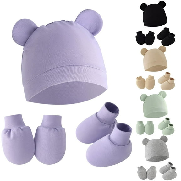 LZHGirlshop 3 Pieces Newborn Solid Color Hat Mittens Sock Set No Scratch Gloves for 0-12 Months Boy Girl,Purple,One Size