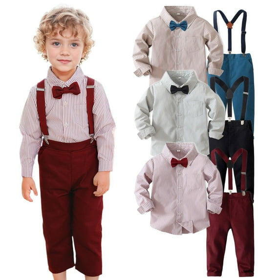 LZHGirlshop Baby Boys Suit Set Formal Dress Shirt with Bow Tie, Suspender and Pants Kids Boys Gentleman Clothes,Blue,6-7T