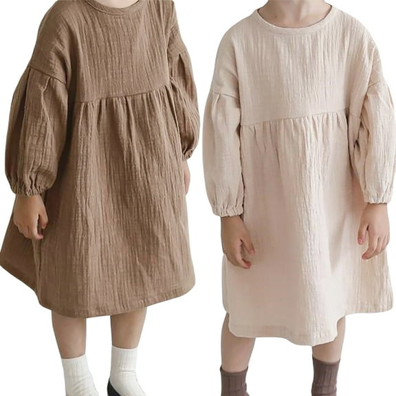 LZHGirlshop Baby Girls Solid Cotton Linen Dress Toddler Lantern Long Sleeve Crewneck Sundress Loose Pleated Waist A-line Dress,Brown,6T