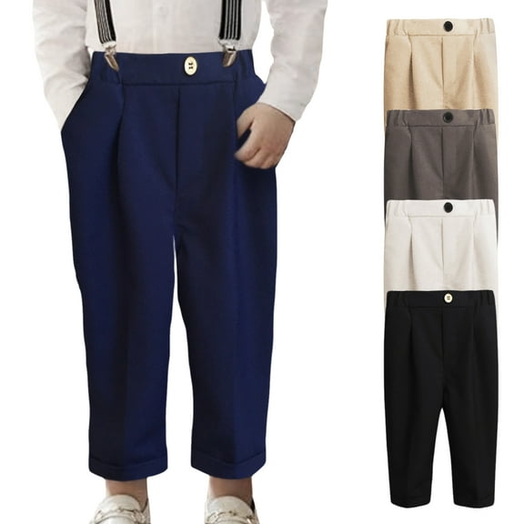 LZHGirlshop Boys Dress Pants Adjustable Waist with Button Flat Front Pant Wedding School Solid Color Uniforms Pants,Black, 11-12