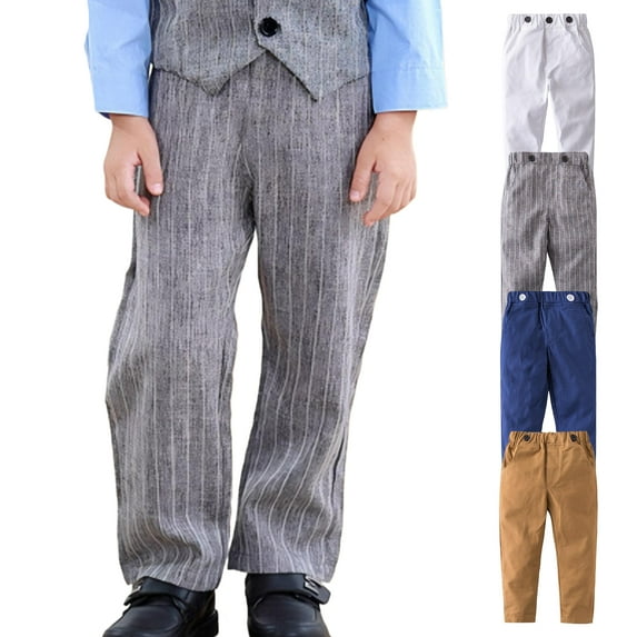 LZHGirlshop Boys Dress Pants Slim Straight with Pockets Elastic Waist Trouses Casual Solid Color School Uniform Plaid Suit Trousers,White,3-4T