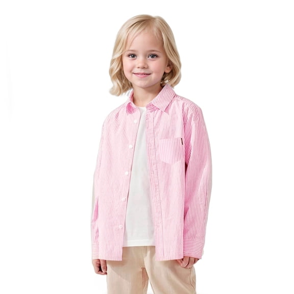 LZHGirlshop Boys Long Sleeve Oxford Dress Shirts Casual Lapel Collar Button Down with Pocket Shirts Uniform Striped Tops,Pink,10
