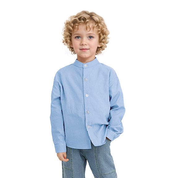 LZHGirlshop Cardigan Boys Shirt Toddler Solid Color Standing Long Sleeve Single Breasted Cotton Children's Shirt with Pocket,Blue, 11-12