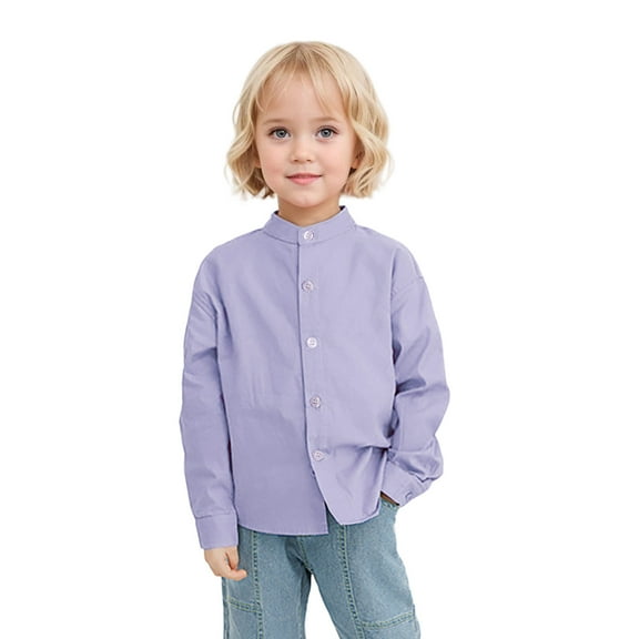 LZHGirlshop Cardigan Boys Shirt Toddler Solid Color Standing Long Sleeve Single Breasted Cotton Children's Shirt with Pocket,Purple, 11-12