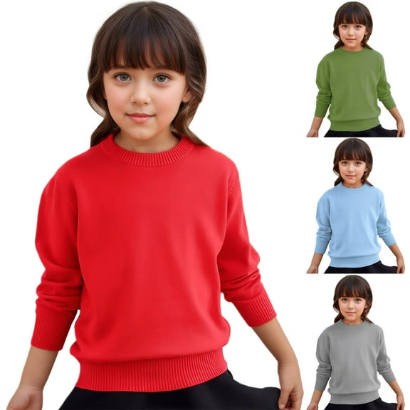 LZHGirlshop Fall Winter Pullover for Kids Long Sleeve Solid Knit Outerwear Hoodless Casual Round Neck Warm Soft Tops,Red,8-9T