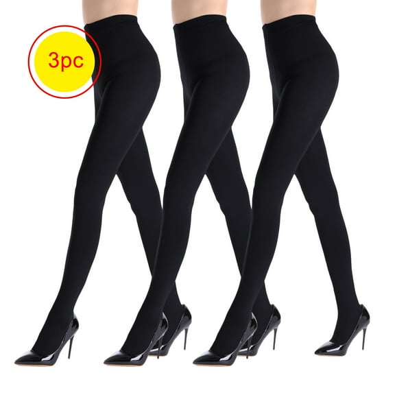 LZHGirlshop Fleece Velvet Lined Opaque Tights for Women - 3 Pairs 100D Warm Winter Pantyhose with Control Top,Black,XL
