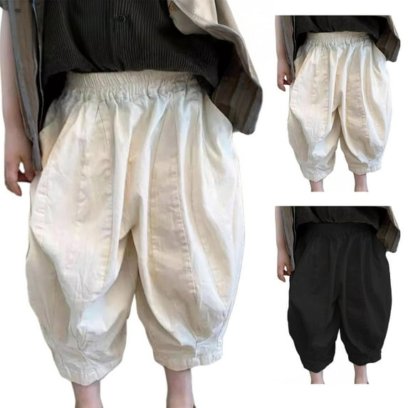 LZHGirlshop Girl's Wide Leg Loose Cotton Elastic Waist Trousers Casual Solid Color with Pocket Soft Pants,White,12M