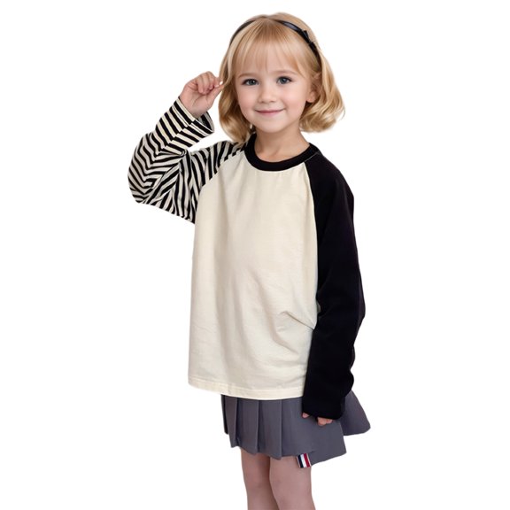 LZHGirlshop Girls Casual Long Sleeve T Shirts Kids Loose Round Neck Striped Color Block Tunic Tops, Basic Soft Tees Blouses,A,A 8-9