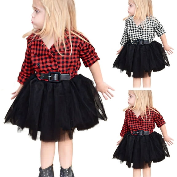 LZHGirlshop Girls' Suit Check Mesh Ruffle Dress Red and Black White Plaid Long Sleeve with Button One Piece Fluffy Skirt with Belt,Red,6-7T