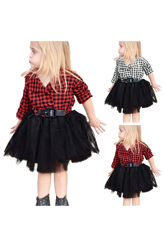 Girls' Suit Check Mesh Ruffle Dress Red and Black White Plaid Long Sleeve with Button One Piece Fluffy Skirt with Belt,Red,6-7T