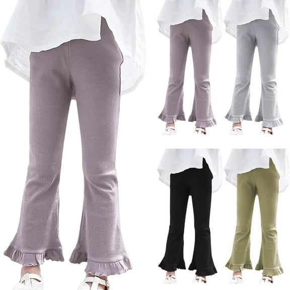 LZHGirlshop Kids Girls Flare Pants Ruffle Hem Cotton Pants Cute Sweet Elasticity Flared Trousers Toddler Kid Baby 2024 Fashion Leggings,Gray,10