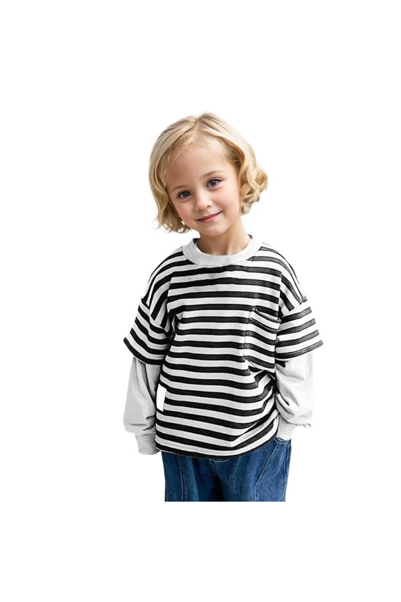 Kids Long Sleeve Patchwork Shirt Fall Winter Soft Layer Striped with Pocket Undershirt New Bottoming Shirt Children's Base Pullover Tops,White,6-7T