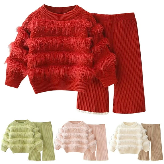 LZHGirlshop Knitted Sweater Set for Girls Solid Color Round Neck Top Flared Pants Two Piece Warm Elastic Comfortable Girls Festival Suit ,Green,5T